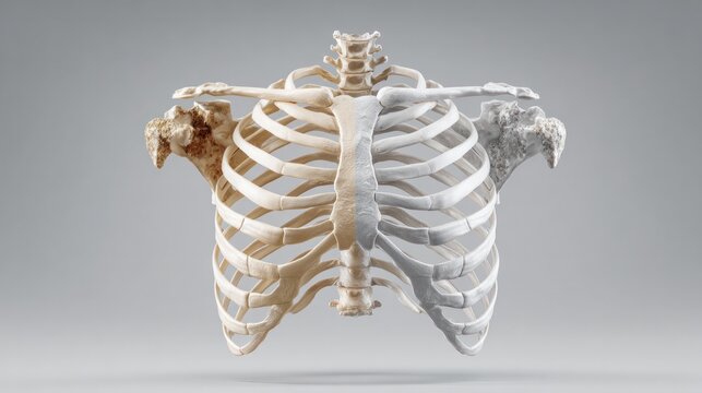 Human Rib Cage Anatomy Render: A detailed 3D render showcases the intricate structure of the human rib cage, highlighting the thoracic vertebrae, sternum, and ribs.