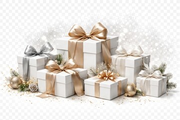 Naklejka premium Winter holiday white gift packages adorned with ribbons on transparent backdrop