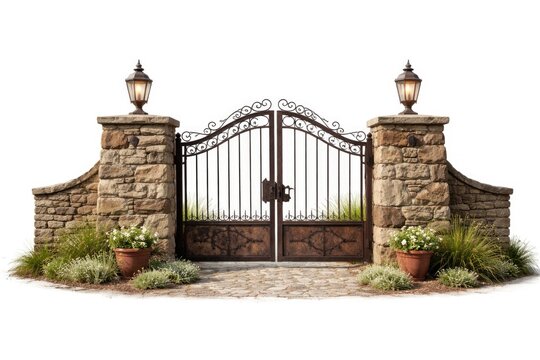 rustic metal and stone entry gate against clean white backdrop