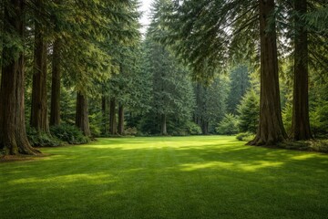 Obraz premium Well kept green lawn surrounded by towering evergreen cedar trees creating a calm outdoor setting