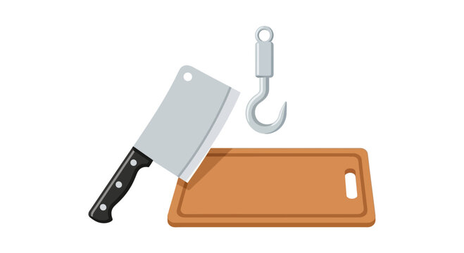 Butcher Knife, Cutting Board, and Meat Hook - Professional Kitchen Tools