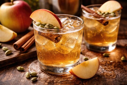 Refreshing hard apple cider cocktail accented with cardamom and apple slice decor