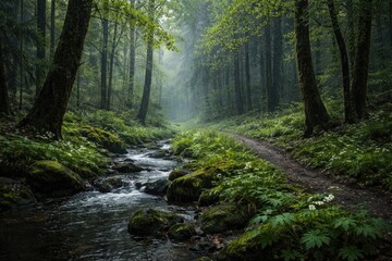 Fototapeta premium Wet forest landscape in early spring showers with vibrant greenery