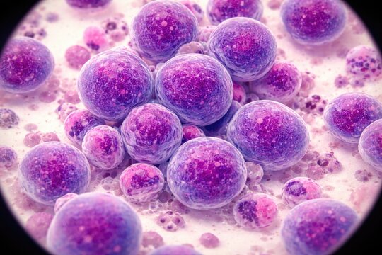 Microscope view of abnormal blast and immature leukocyte cells in leukemia patients