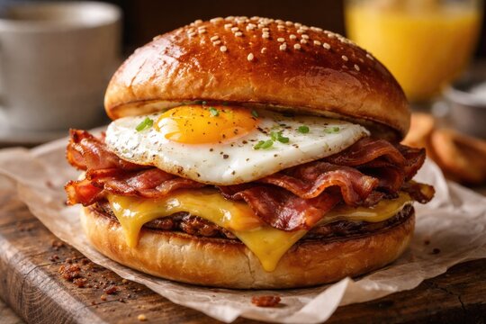 Tasty breakfast sandwich featuring fried egg bacon and cheese in a soft brioche roll