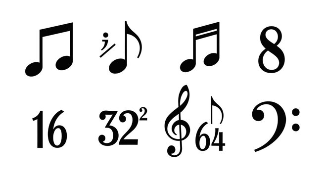 Musical Notes and Symbols Collection: Eighth, Sixteenth, Thirty-second, Sixty-fourth Notes, Treble and Bass Clefs