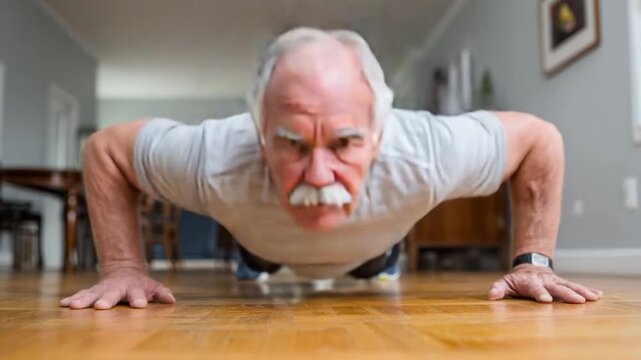 Senior's Strength: An elderly man fearlessly demonstrates physical strength by performing push-ups on a wooden floor, embodying vitality and a determined spirit.