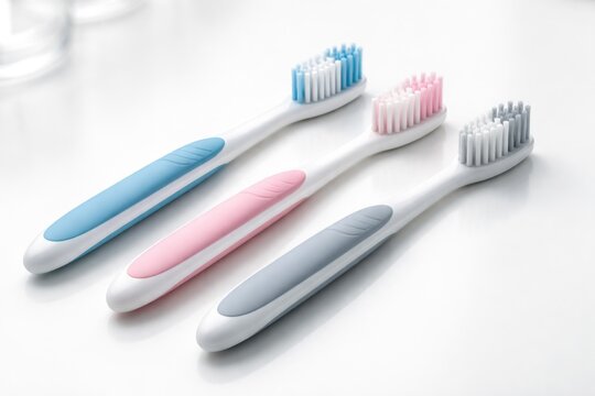 Three hygienic toothbrushes positioned consecutively in a single line