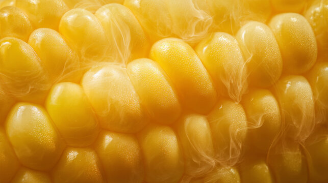Macro shot of steamed corn texture with moisture and steam, ultra-detailed