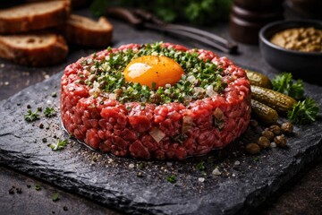 Fototapeta premium Traditional steak tartare with finely chopped onions and mixed herbs arranged on a textured slate base