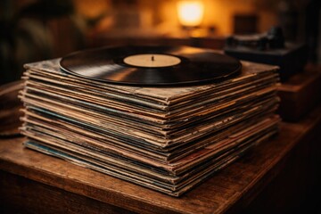 Fototapeta premium Stack of vinyl records delivering smooth background music vibes
