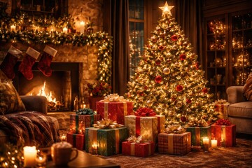 Naklejka premium Warm holiday living room setting highlighting a decorated Christmas tree and cheerful wrapped gifts