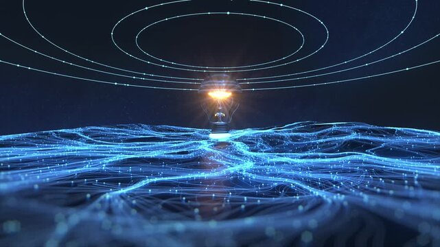 Digital smart power grid energy, high-voltage transmission, wind power generation, and server room infrastructure. Flowing electricity, glowing towers, cables at night. Futuristic engineering. 3D.