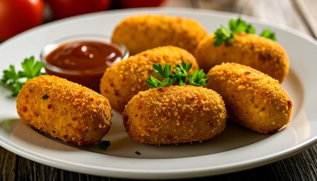 Plate of golden fried croquettes garnished with parsley, next to red sauce, over a dark wooden table