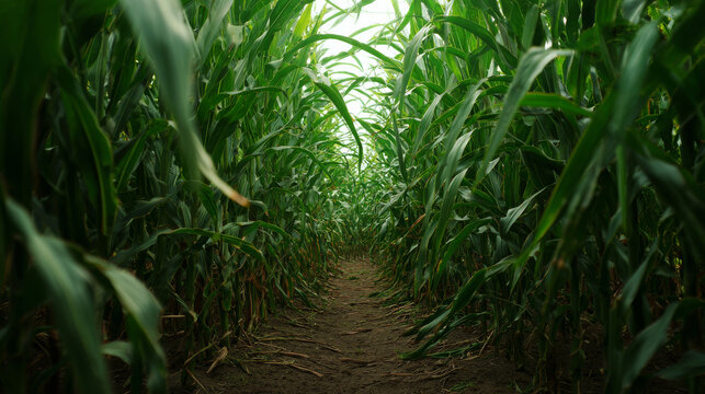 Clean background featuring ground-level view of narrow path inside corn maze with tall green corn plants, soft diffused light, natural atmosphere in simple