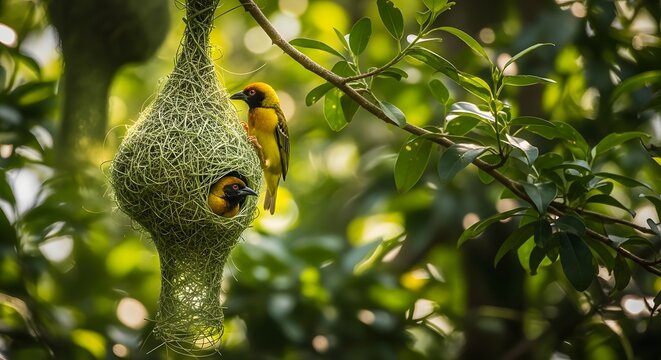 Golden Weaver Birds Building Nest in Green Tree Foliage