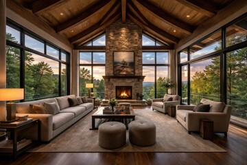 Naklejka premium Sophisticated house with elevated ceilings, exposed wood accents, a classic fireplace, and panoramic views of tree canopies and sky through wide windows