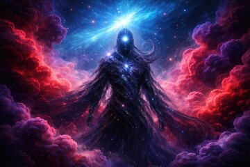 Fototapeta premium Cosmic entity framed by vivid red and purple smoke clouds under a glowing blue atmosphere
