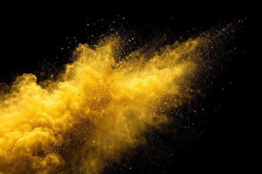 Dynamic yellow dust particles causing powder spray isolated on black background with copy space