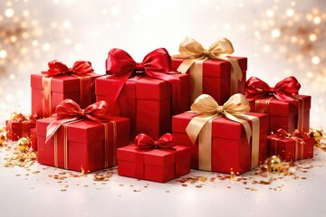 Naklejka premium Bright white background showcasing a variety of red gift boxes with bows and ribbons for joyful holiday moments