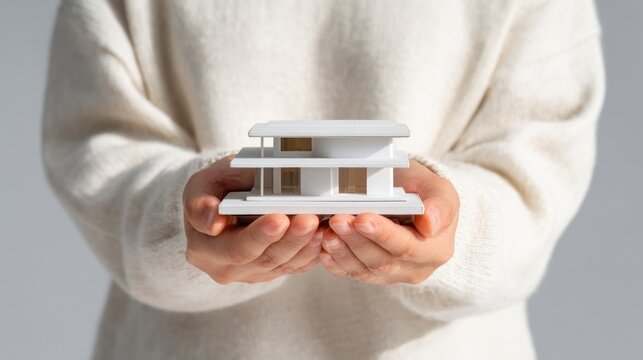 Dream Home in Hands: A person lovingly cradles a miniature model of a modern house in their hands, representing homeownership, property investment, or architectural vision.
