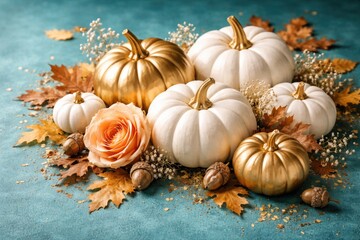 Naklejka premium Elegant autumn scene with white and gold pumpkins paired with acorns and rose on vibrant turquoise background