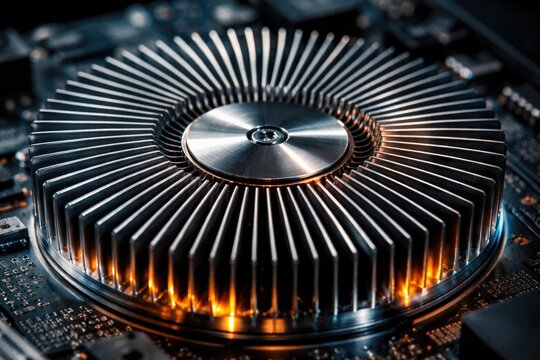 Magnified image of a circular heat sink showcasing precision extrusion design and thermal regulation in electronic components