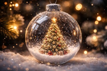 Naklejka premium Bright Christmas tree inside a transparent glass ornament with delicate snow for festive display