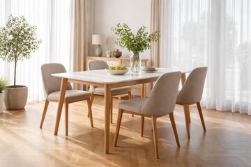 Fototapeta premium Bright dining area with sleek table and four chairs on oak parquet