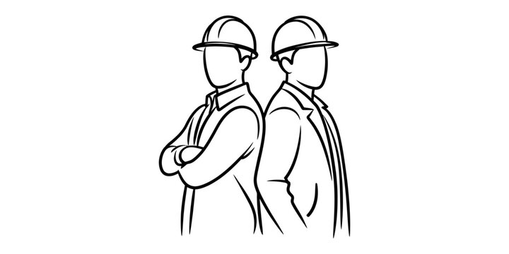 Two construction workers in hard hats standing back to back with arms crossed, simple line art. Vector, illustration