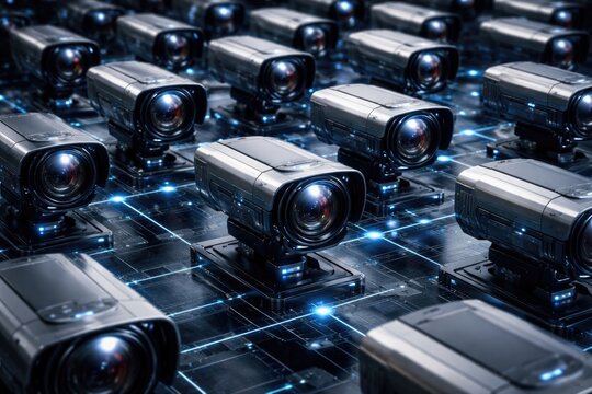 Multiple cameras arranged systematically in a grid depicted through AI technology