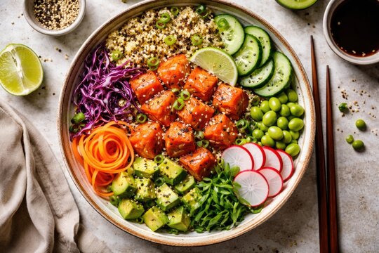 Top view of a salmon poke bowl loaded with fresh quinoa and vibrant vegetables