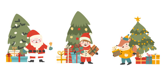 Fototapeta premium Cartoon christmas characters with christmas tree set. Compositions of cute kid boy, santa and fox with gift boxes.