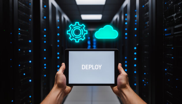 IT engineer hands holding a tablet with deploy text and glowing gear cloud holograms standing in a dark modern data center server room representing cloud computing infrastructure
