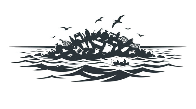 Illustration of a massive garbage patch floating in the ocean with birds.