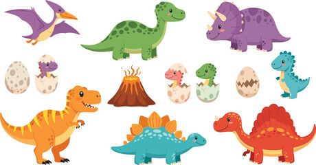 Cute dinosaur vector collection featuring t-rex triceratops stegosaurus pterodactyl brachiosaurus and baby dinosaurs hatching from eggs with volcano for kids prehistoric nursery decor. © Aminul