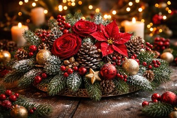Naklejka premium Seasonal holiday centerpiece combining red flowers pinecones and decorative Christmas accents