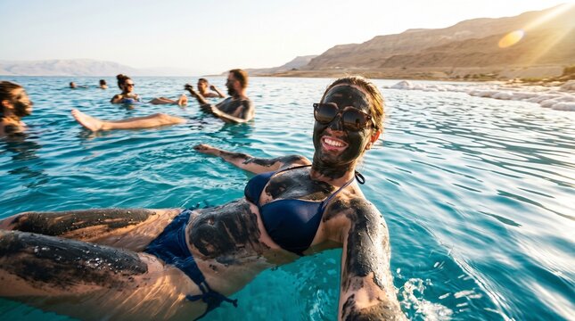 Woman enjoying a mud bath while floating in the Dead Sea