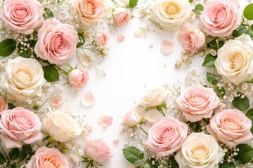 Naklejka premium Flat lay of charming beige and pink roses arranged romantically against a bright white background