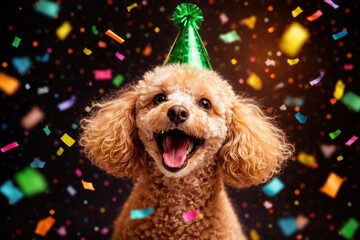 Naklejka premium Playful poodle celebrating with green birthday hat and scattered lively confetti on dark backdrop