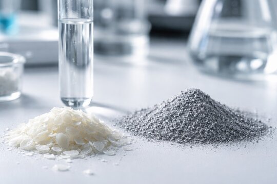 Macro shot of chemical powders alongside test tube filled with clear liquid on white lab bench showcasing cetyl esters wax and zinc powder