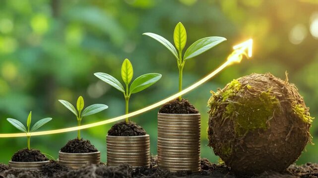 Coins with plants growing on them show financial growth in nature