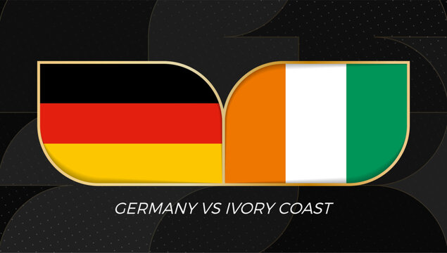 Germany versus Ivory Coast Sports Match Banner with National Flags in golden rounded badge design.