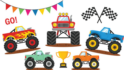 Monster truck vector collection featuring colorful off-road vehicles with race flags trophy bunting banner and go text for boy birthday party nursery decor. © Aminul