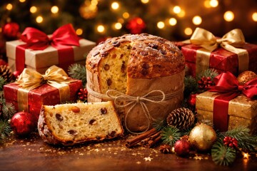 Naklejka premium Panettone and Christmas gifts arranged with decorative ornaments on a warm blurred backdrop