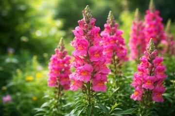 Obraz premium Sharp focus on pink snapdragon floral clusters with vivid green natural backdrop