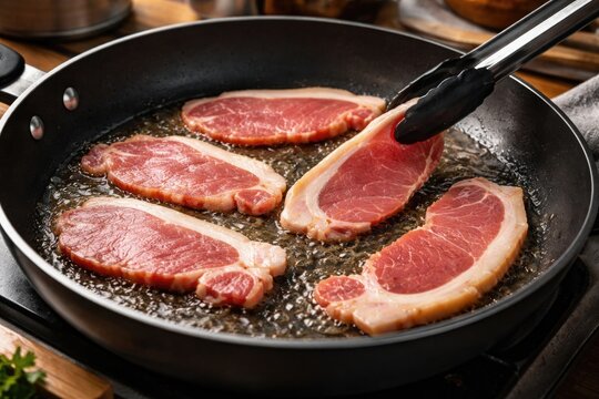 Preparing raw back bacon in a nonstick frying pan for a delicious meal