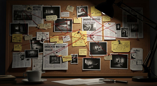 Detective Investigation Board with Red String and Evidence Photos
