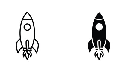 Space rocket ship icon set featuring blast off motion in outline and solid black vector graphic style © Maya
