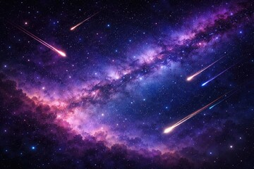 Fototapeta premium Vivid cosmic backdrop with colorful shooting stars streaking across a starry sky in purple and blue hues featuring copy space